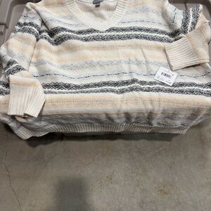 Falls Creek Cream and Gray Striped V-Neck Sweater